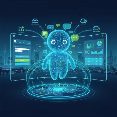 A glowing holographic AI robot floats between futuristic dashboards above a digital map.