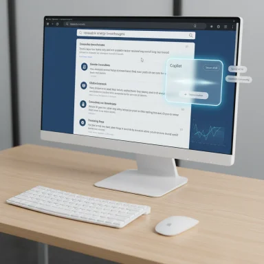 A modern all-in-one monitor on a wooden desk with keyboard and mouse, displaying an AI Copilot dashboard.