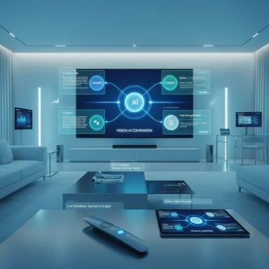 A futuristic living room featuring a large AI dashboard on the wall and glowing blue holographic interfaces.
