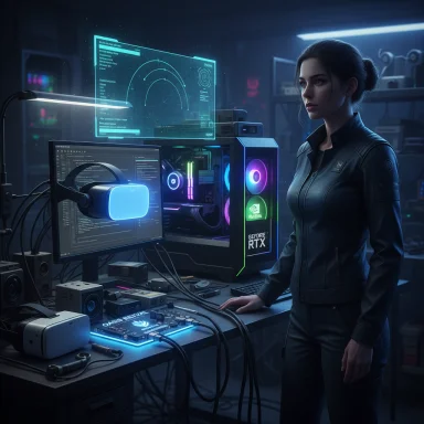 A woman in a dark jacket stands at a futuristic workstation featuring VR headset and glowing RGB PC.