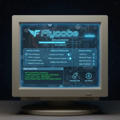 A retro computer monitor displays a neon sci‑fi Windows install interface mid‑progress.