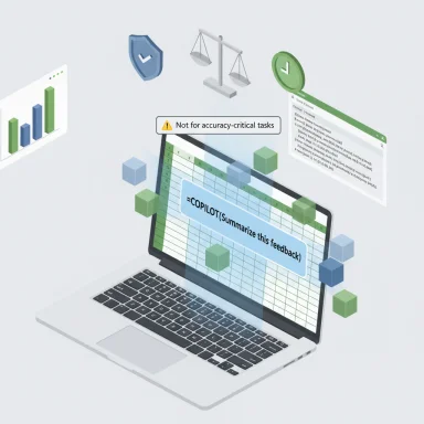 Isometric laptop showing Copilot summarizing feedback amid charts and safety icons.