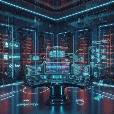 Futuristic control room with neon-blue holographic dashboards and a central command console.