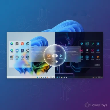 Two Windows desktops (light and dark) with a central PowerToys Theme Scheduler control.