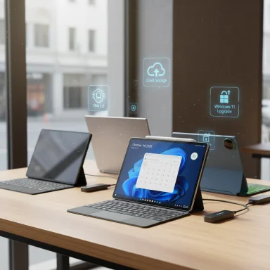 A row of tablet devices with keyboards on a wooden table in a showroom, with holographic tech icons.