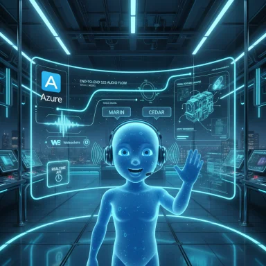 A glowing blue holographic AI assistant with a headset waves inside a neon Azure control room.