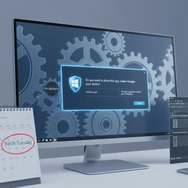 A computer monitor shows a Windows update prompt on a gears wallpaper, with a Patch Tuesday calendar on the desk.