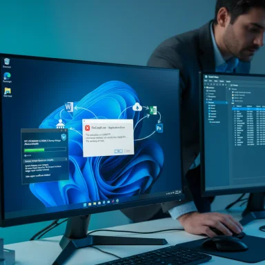 An IT worker sits at a desk with two monitors, one showing a Windows desktop with an error pop-up.