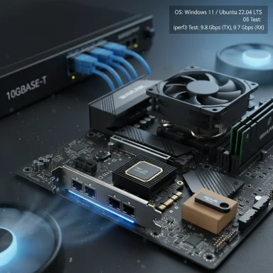 A server motherboard with CPU cooler, RAM, and a 10G Ethernet NIC, connected to blue network cables.
