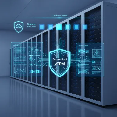 Futuristic data center with holographic security UI showing Secure Boot and TPM.