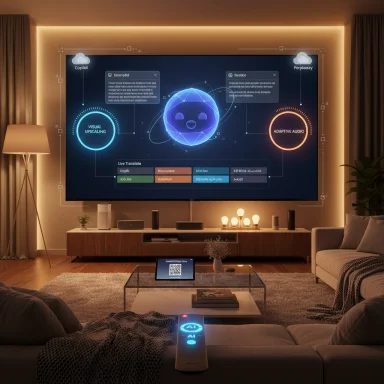 Cozy living room with a large wall screen displaying a futuristic AI dashboard and warm backlighting.