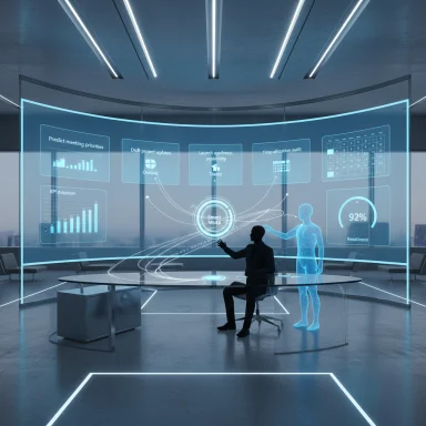 Futuristic control room with curved holographic dashboards and a blue hologram assisting a seated analyst.