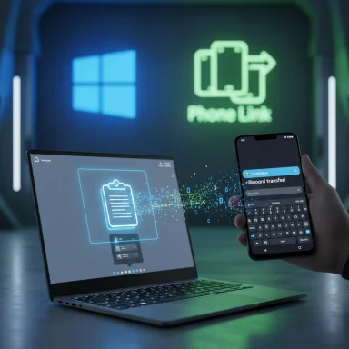Laptop and phone sync data via Phone Link for seamless cross-device transfer.