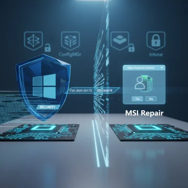 Futuristic cybersecurity UI with a glowing shield, repair prompt, and data streams.