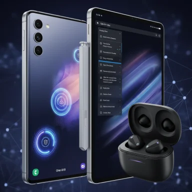 Two sleek smartphones with a stylus and wireless earbuds against a futuristic tech-network backdrop.