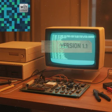 Retro computer setup with a CRT monitor showing VERSION 1.1 and a circuit board on a wooden desk.