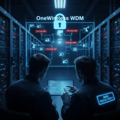 Two technicians review a holographic security map in a data center.