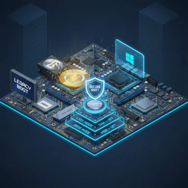 Futuristic motherboard featuring a Secure Boot shield, Windows hologram, and Legacy Boot switch.