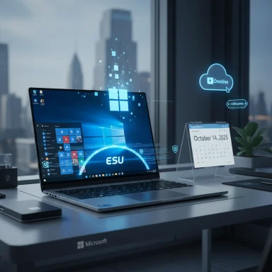 Futuristic workspace with a Windows laptop, holographic UI, and a calendar showing Oct 14, 2025.