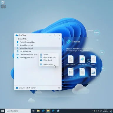 Windows desktop with floating Copilot and OneDine windows over a blue abstract background.