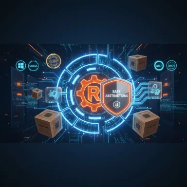 Futuristic cyber-security scene with a glowing shield labeled Safe Abstractions amid neon circuitry.