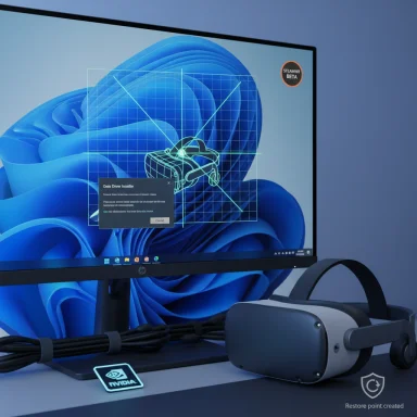 VR headset beside a large monitor displaying a blue abstract wallpaper.