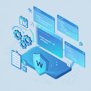 Isometric tech illustration of a software config interface with code snippets and a shield.