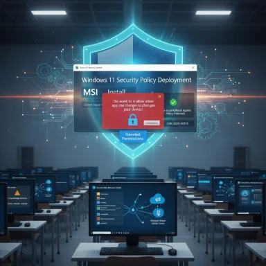 A high-tech computer lab displaying Windows 11 security policy deployment with a warning popup.