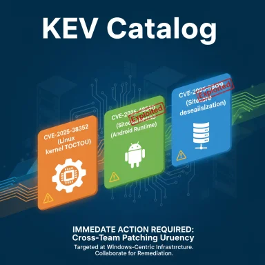KEV Catalog poster highlighting exploited CVEs and urgent cross-team patching for remediation.