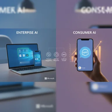 Split-panel comparison of Enterprise AI and Consumer AI featuring devices and GPT.