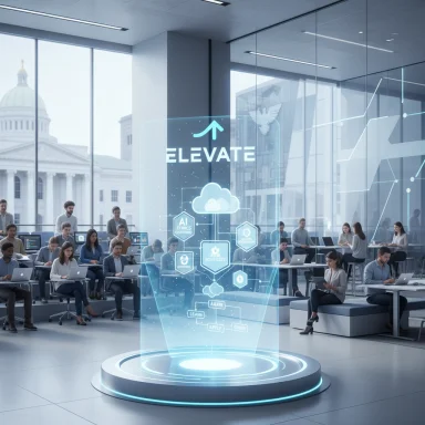 A futuristic office where a holographic “ELEVATE” display hovers above a circular platform as employees work on laptops.