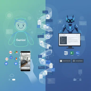 Gemini AI: a friendly avatar on the left and a robotic interface with a monitor on the right.
