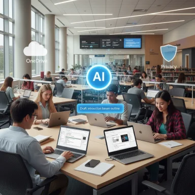 Students work on laptops in a bright library as a glowing AI hologram sits at the center.