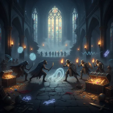 Clash of armored knights in a cathedral lit by torches, with glowing magic runes and treasure strewn.