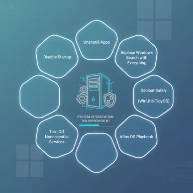 A schematic of system optimization steps around a central server, including uninstalls and debloat.