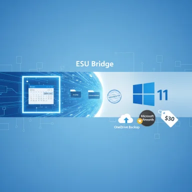 Blue gradient tech banner for ESU Bridge featuring Windows 11 logo and backup/rewards icons.