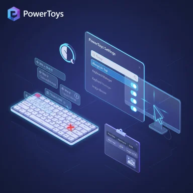 Neon isometric illustration of a keyboard with holographic PowerToys settings panels.