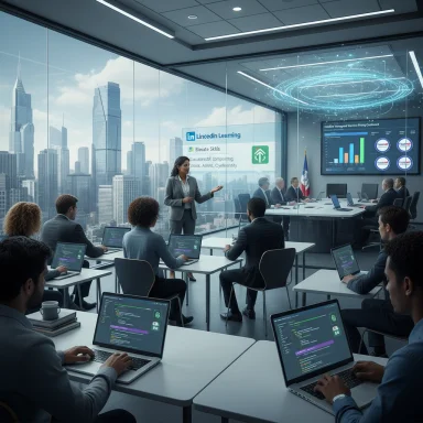 Glass-walled conference room with a presenter in front of a laptop-filled team and LinkedIn Learning signage.