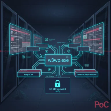 Futuristic data-center schematic with glowing blue circuits centered on w3wp.exe and encrypted config.