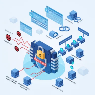 Isometric security infographic about CVE-2025-54914, malicious IPs, and deployment pipelines.