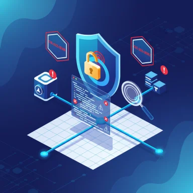 Futuristic cybersecurity illustration with a shielded padlock guarding code amid alert banners.