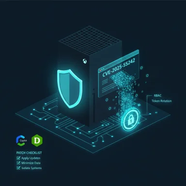 Futuristic server with glowing shield, CVE-2025-55242 highlight and RBAC token rotation.