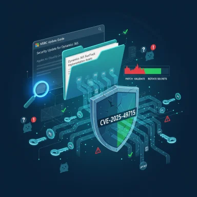 Cybersecurity illustration featuring a shield labeled CVE-2025-49715 amid digital assets and update icons.
