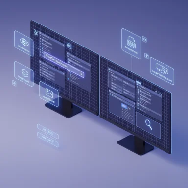 Futuristic dual-monitor setup with holographic UI panels overlaying code screens.