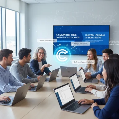 A diverse team around a conference table collaborates on laptops, with a large digital screen.