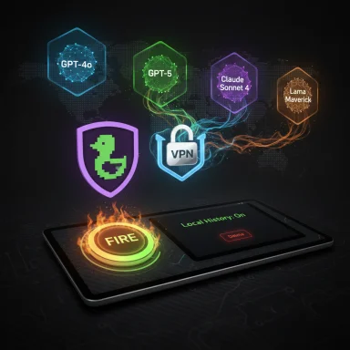 Tablet shows a blazing 'FIRE' button and VPN shield, linked to glowing AI model icons.