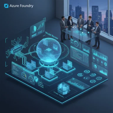Azure Foundry team reviews a holographic data interface at a futuristic conference table.