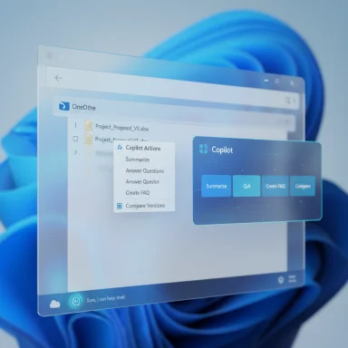 A translucent Copilot panel with action buttons floats beside a document window on a blue UI.