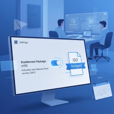 Futuristic blue-toned office with a large monitor showing an Enablement Package toggle and an ISO Delayed badge.