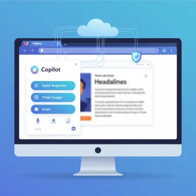 Illustration of a computer screen showing Copilot UI with Quick Response, Think Deeper, and Smart options.